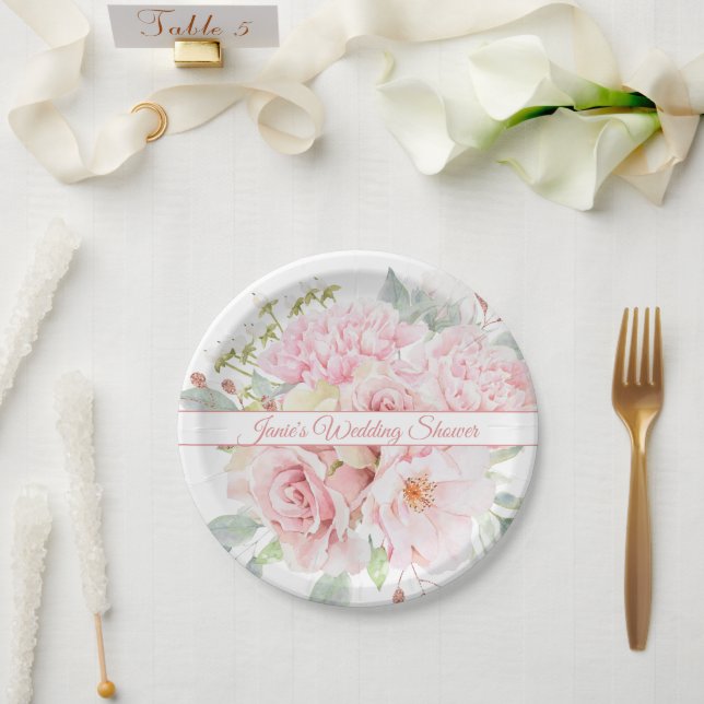 Assiettes En Carton Élégant Bouquet de fleurs roses Événement spécial (Mariage)