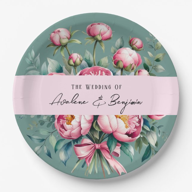 Assiettes En Carton Elégant bouquet Peony en Mariage aquarelle (Devant)