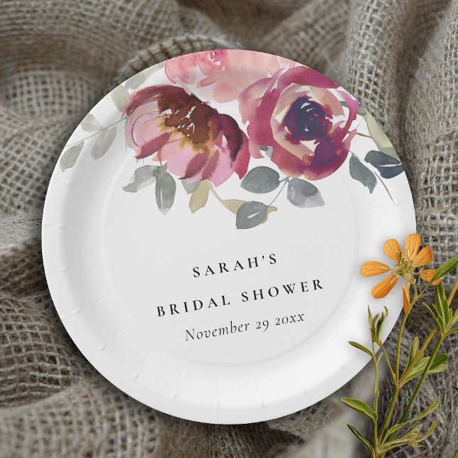 ASSIETTES EN CARTON ÉLÉGANT BURGUNDY BLUSH ROSE FÊTE DES MARIÉES FLORA (Créateur téléchargé)