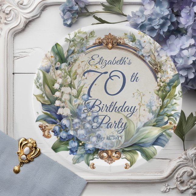 Assiettes En Carton Elégant cadre fleuri baroque 70e anniversaire (Elegant Baroque Lily of the Valley and Hawthorn Floral Frame 70th Birthday Party Paper Plates)