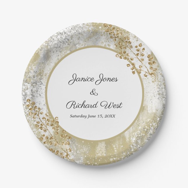 Assiettes En Carton Elégant cadre Or Argent Mariage personnalisé (Devant)