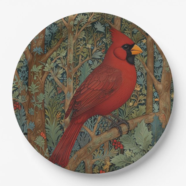 Assiettes En Carton Elégant cardinal rétro Art Nouveau rouge oiseau (Devant)