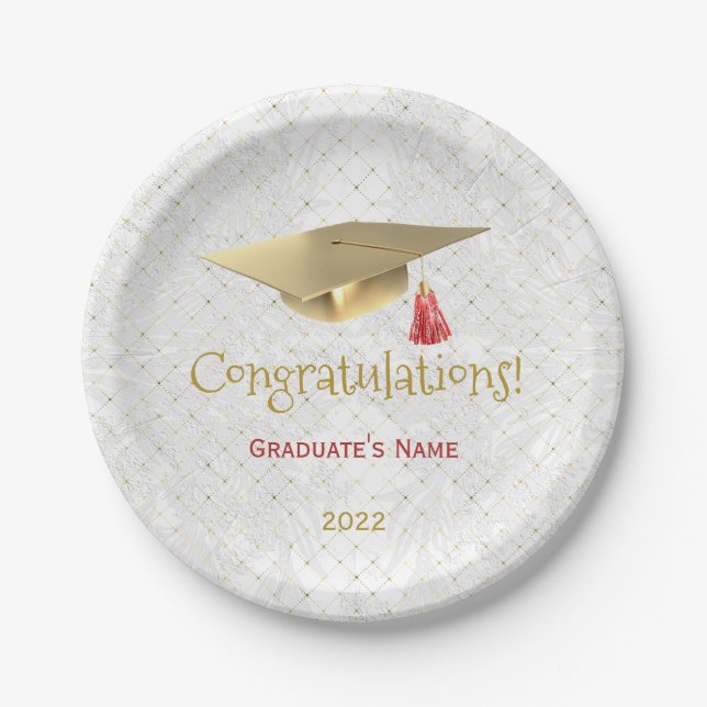Assiettes En Carton Élégant Casquette d'or Rouge Félicitations Graduat (Devant)