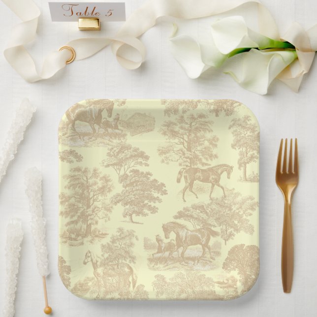 Assiettes En Carton Elégant Chic Horse Toile Beige Crème (Mariage)