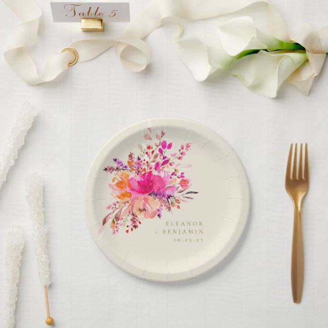 Assiettes En Carton Elégant Chic Rose Aquarelle Mariage Floral Personn (Mariage)