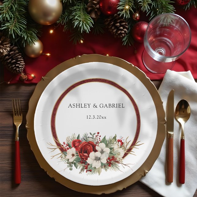 Assiettes En Carton Elegant Christmas Red Damask Floral (Créateur téléchargé)