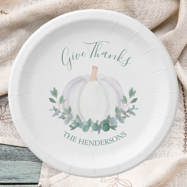 Assiettes En Carton Elégant Citrouille blanc Feuilles verts Thanksgivi (Créateur téléchargé)