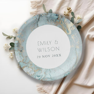 ASSIETTES EN CARTON ÉLÉGANT CLASSE AQUA DUSKY BLUE GOLD AGATE MARIAGE