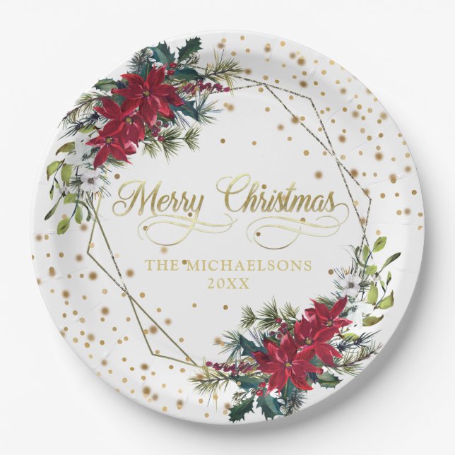 Assiettes En Carton Élégant Confetti d'or de Noël Poinsettia (Devant)