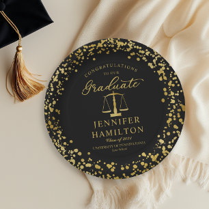 Assiettes En Carton Elégant Confettis Dorés Diplôme de Droit Noir