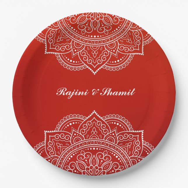 Assiettes En Carton Élégant Crimson blanc Mandala Mariage indien hindo (Devant)