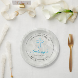 Assiettes En Carton Elégant Croix Bleue Garçons Première Communion