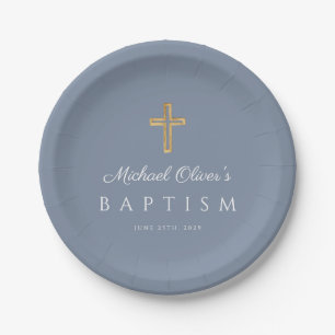 Assiettes En Carton Elégant croix religieuse Dusty Blue Boy Baptême