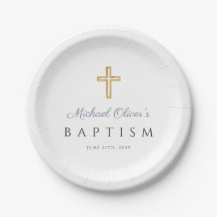 Assiettes En Carton Élégant culte Croix Bleu garçon Baptême