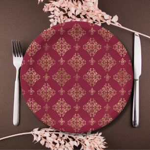 Assiettes En Carton Élégant Damas Or Sur Bourgogne