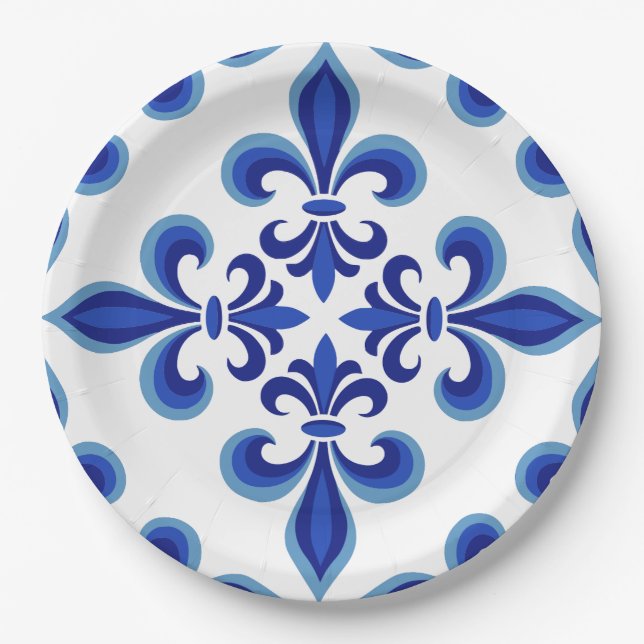 Assiettes En Carton Élégant Damassé Bleu pour Déjeuner  (Devant)