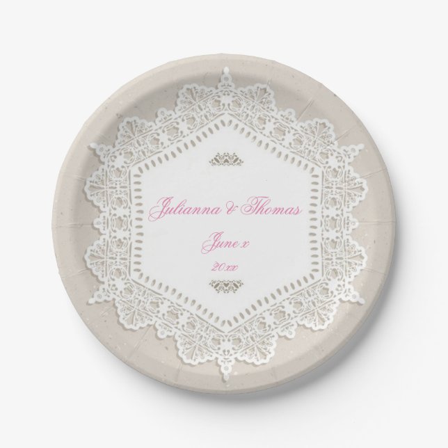 Assiettes En Carton Elégant, Dentelle blanche, Mariage, Personnalisé (Devant)