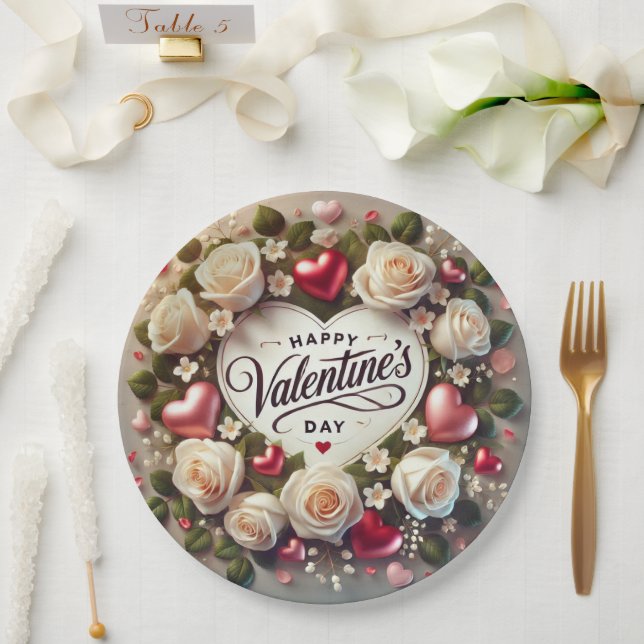 Assiettes En Carton Elégant design de Saint Valentin avec Rose (Mariage)