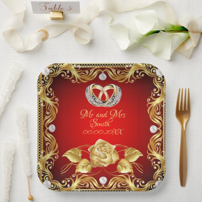 Assiettes En Carton Elégant Diamant Rouge Or Personnalisé (Mariage)