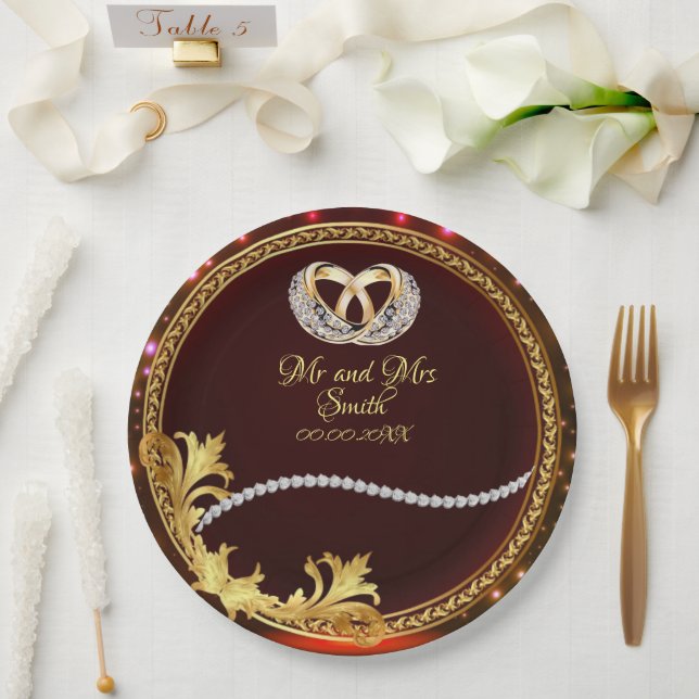 Assiettes En Carton Elégant Diamants rouges Personnalisable Soirée de  (Mariage)