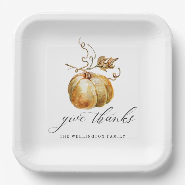 Assiettes En Carton Elégant Donner Merci Aquarelle Citrouille Thanksgi (Recto)