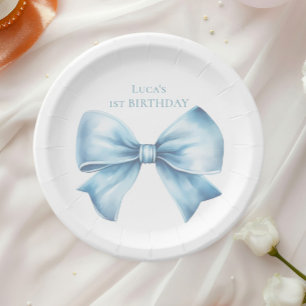 Assiettes En Carton Elégant Dusty Blue Bow Premier garçon Anniversaire