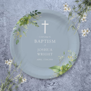Assiettes En Carton Elégant Dusty Blue Greenerm Baptême Christening