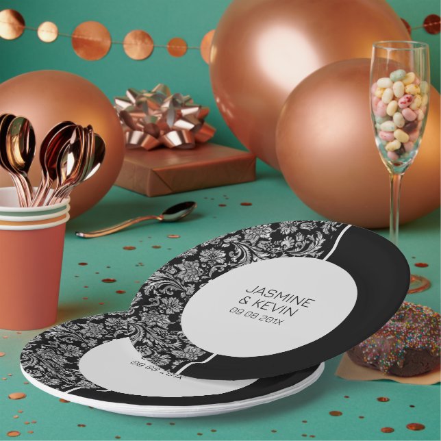 Assiettes En Carton Élégant écran en argent Damask & Black Split (Multi)