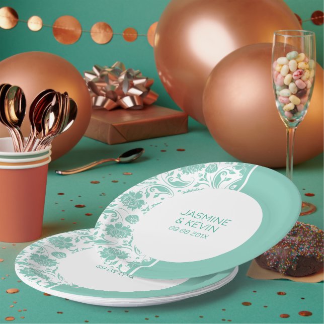 Assiettes En Carton Élégant écran vert Damas & blanc fractionné (Multi)