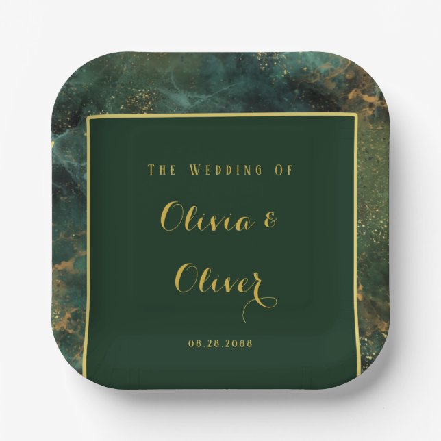 Assiettes En Carton Élégant Emerald Green & Gold Parties scintillant M (Recto)