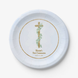 Assiettes En Carton Elégant Eucalyptus et Croix Bleue Première Communi