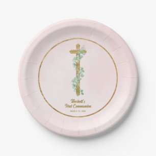 Assiettes En Carton Élégant Eucalyptus et première communion rose croi