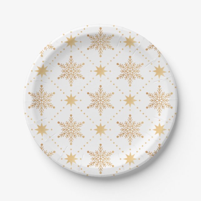 Assiettes En Carton Élégant Faux Gold Snowflakes Noël Patttern (Devant)