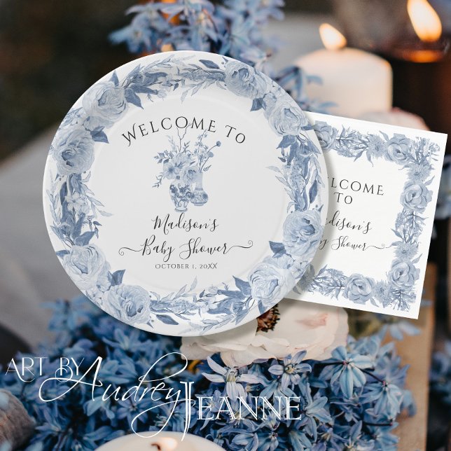 Assiettes En Carton Elégant Floral Bleu Bleu Bienvenue bébé Fille Douc (Créateur téléchargé)