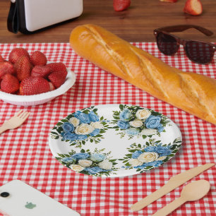 Assiettes En Carton Élégant floral bleu et blanc
