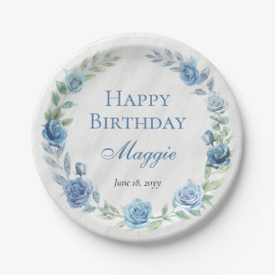Assiettes En Carton Elégant Floral Bleu Joyeux anniversaire