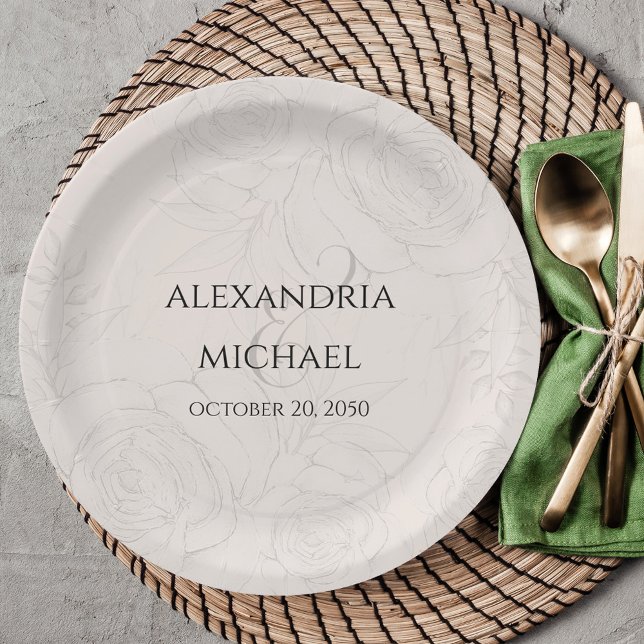 Assiettes En Carton Élégant floral Blush Calligraphie Script simple (Elegant blush floral paper plate with calligraphy script ampersand. )