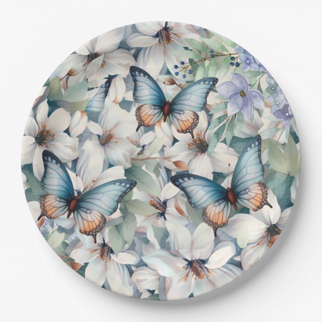 Assiettes En Carton Élégant floral et papillons (Devant)