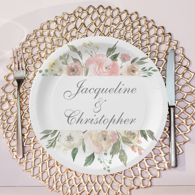 Assiettes En Carton Élégant floral rose rose Peony Mariage feuille d'â (Créateur téléchargé)
