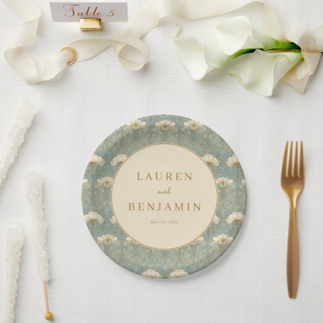 Assiettes En Carton Élégant floral sarcelle (Mariage)