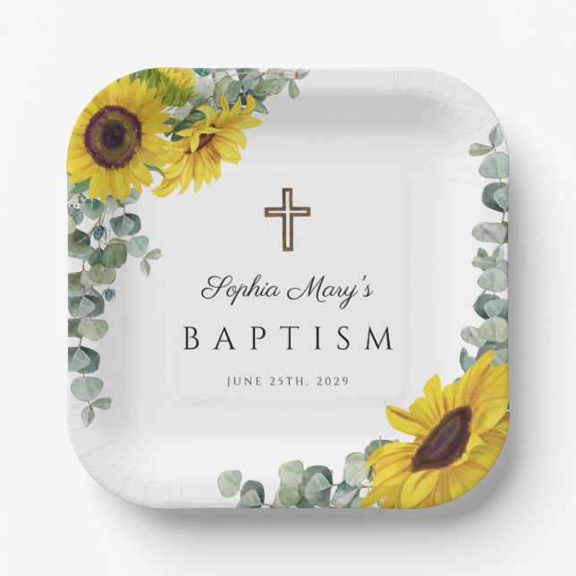Assiettes En Carton Élégant floral Sunflower Cross Baptism (Recto)