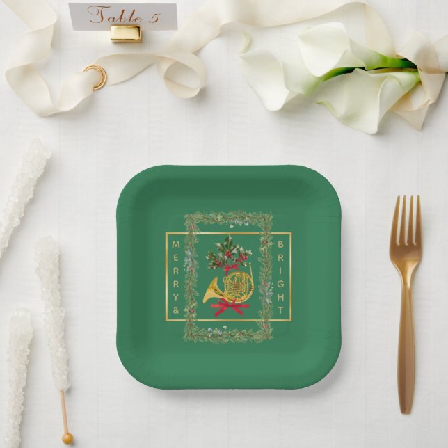 Assiettes En Carton Elegant French Horn Christmas Green (Mariage)