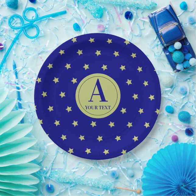 Assiettes En Carton Elegant Gold & Blue Star Pattern Monogram (Fête)