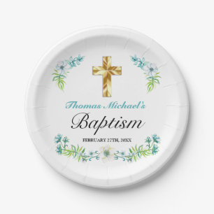 Assiettes En Carton Elégant Gold Cross Boy's Blue Baptism