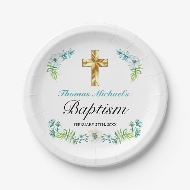 Assiettes En Carton Elégant Gold Cross Boy's Blue Baptism (Devant)