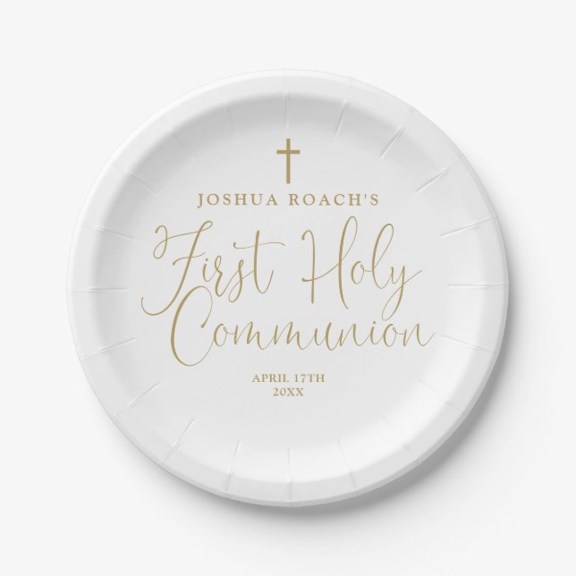 Assiettes En Carton Élégant Gold Script Première Sainte Communion (Devant)