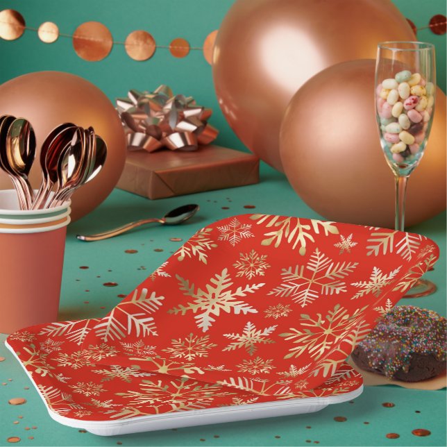 Assiettes En Carton Élégant Golden Snowflakes Lava Red Christmas (Multi)