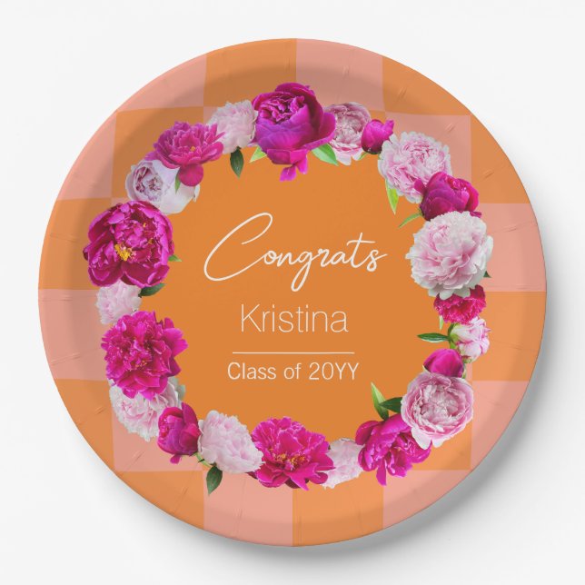 Assiettes En Carton Élégant Gras Floral Orange & Pink Check Graduation (Devant)