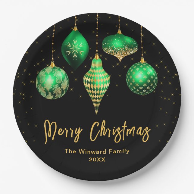 Assiettes En Carton Elegant Green and Gold Ornament Christmas (Devant)