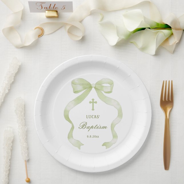 Assiettes En Carton Elegant Green Bow Baptism (Mariage)